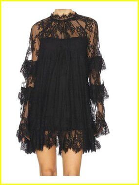 Women's Sheer Lace Long Sleeve Mini Dress Ruffled A-Line Cover Up